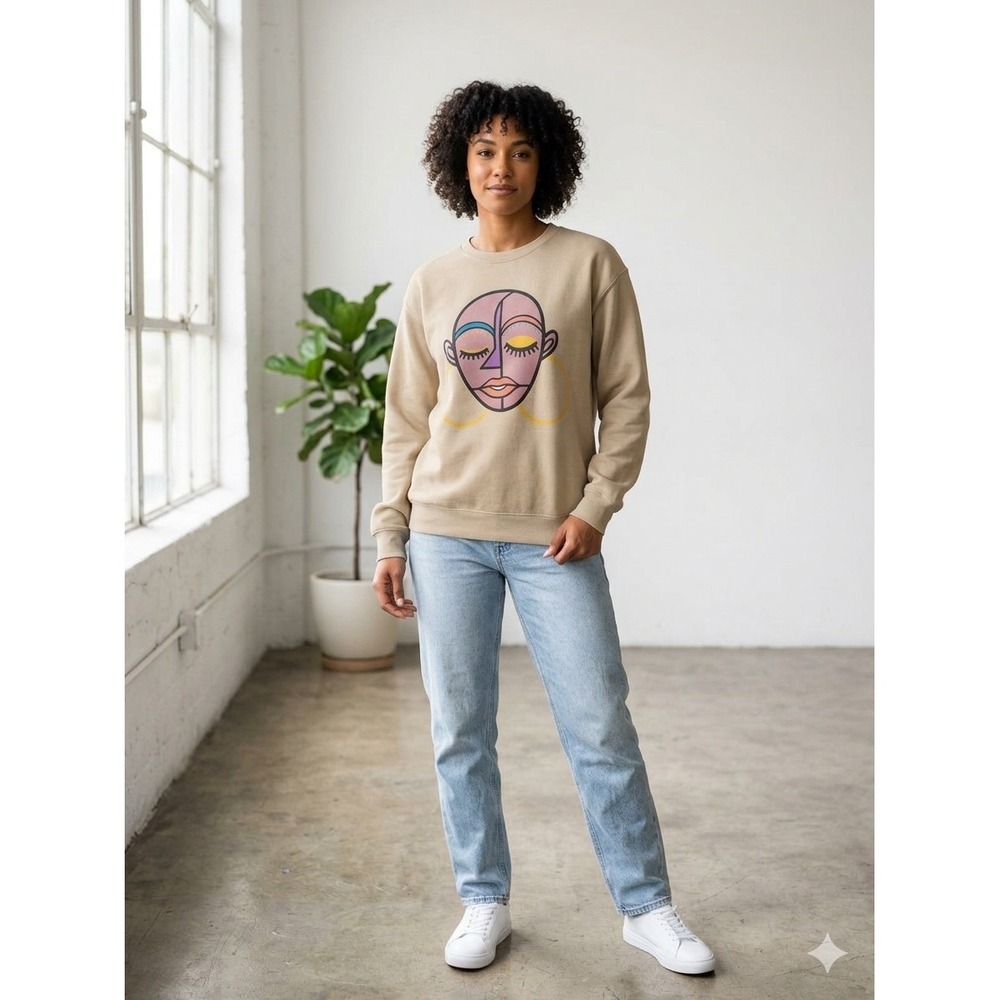 Kelly Obi New York Tan Graphic Face Crewneck Sweatshirt Womens Medium
